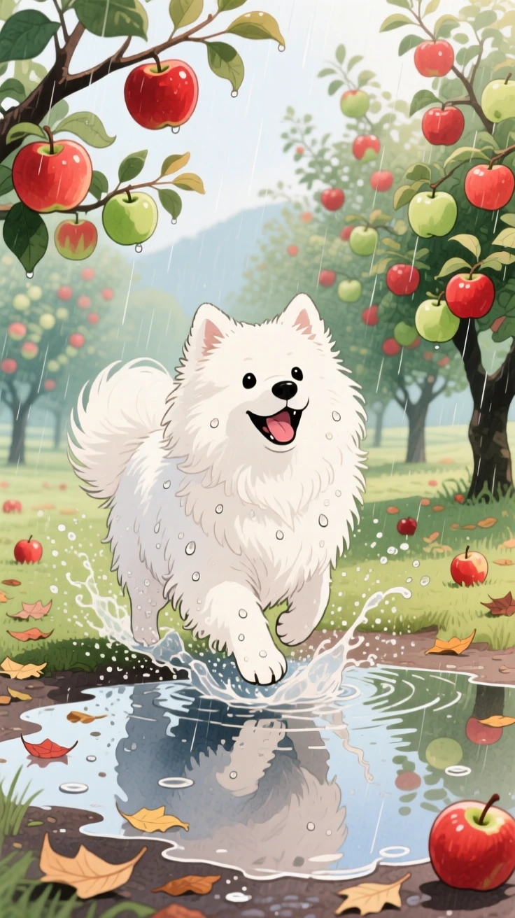 A fluffy samoyed dog splashing happily in a puddle after rain, set in an orchard heavy with ripe apples, radiating pure innocent joy.