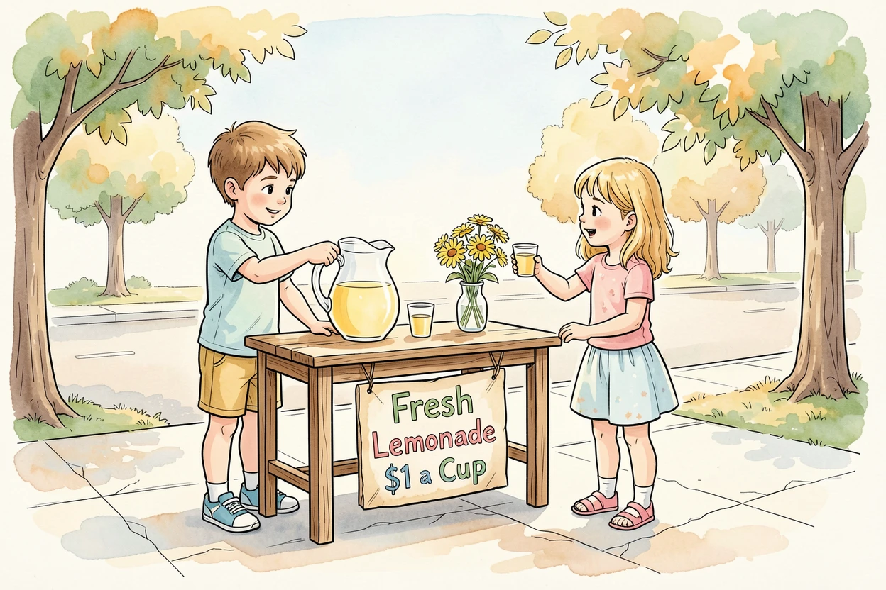 A summer lemonade stand run by two children on a sunny sidewalk, a festive warmth filling the entire scene.