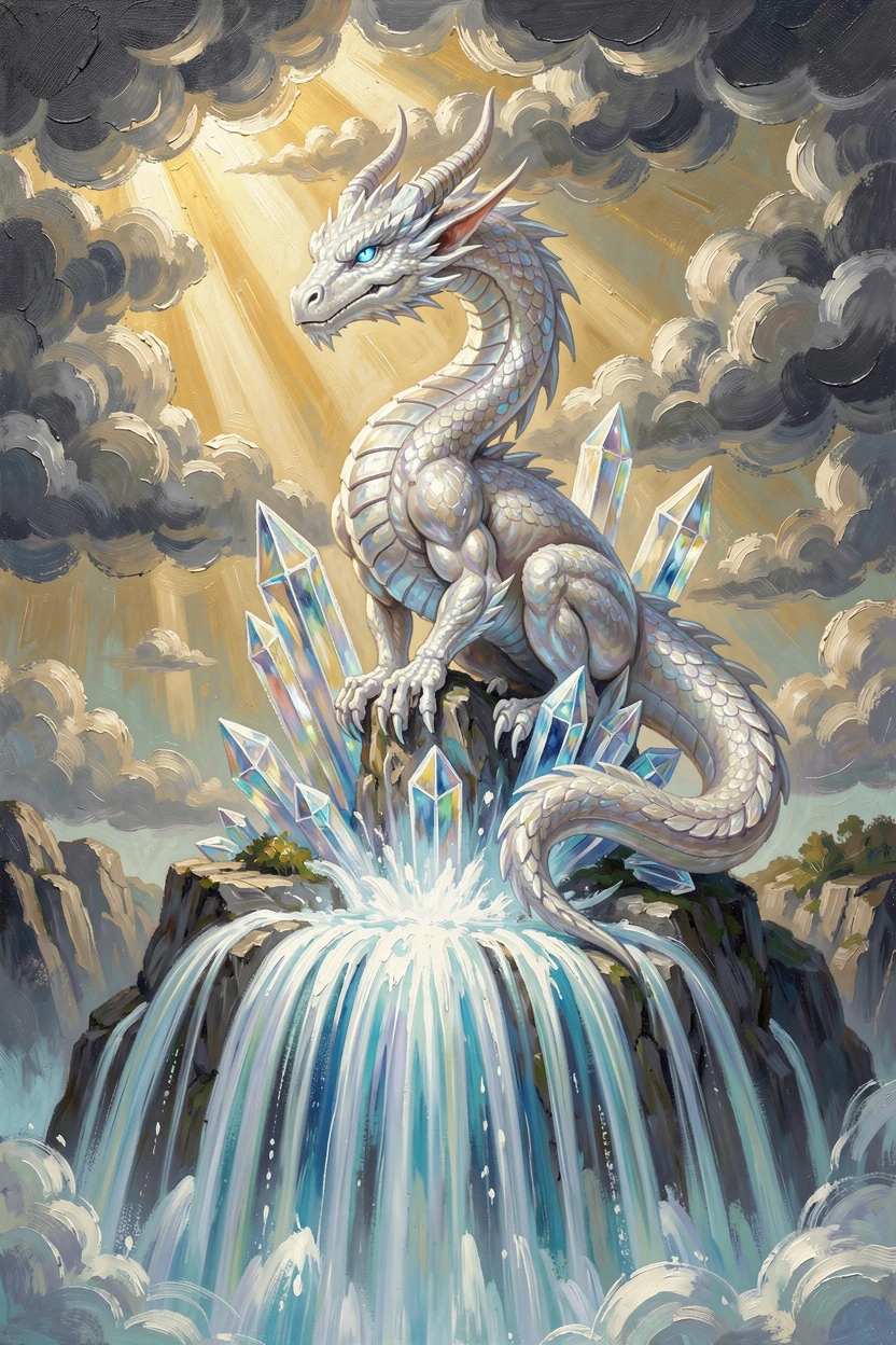 A majestic white dragon perched atop a crystal spire, beside a waterfall that seems to glow from within, light rippling outward like water, as golden light breaks through parting storm clouds.