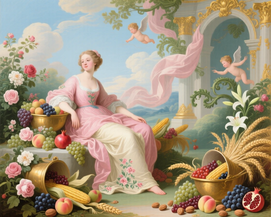 A woman representing abundance, seated among fruit, flowers, and overflowing cornucopias  