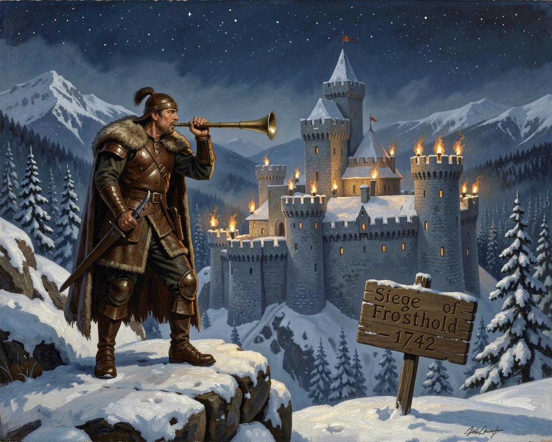 A sentry lays siege to a castle glowing with torchlight at night while snow blankets the towers.