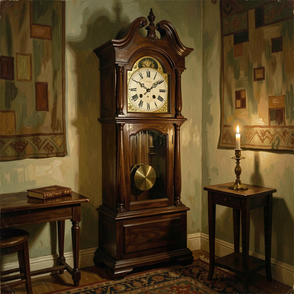 A polished grandfather clock standing in the corner of a candlelit study, surrounded by tasteful, understated decorative details, evoking elegance, refinement, and quiet luxury