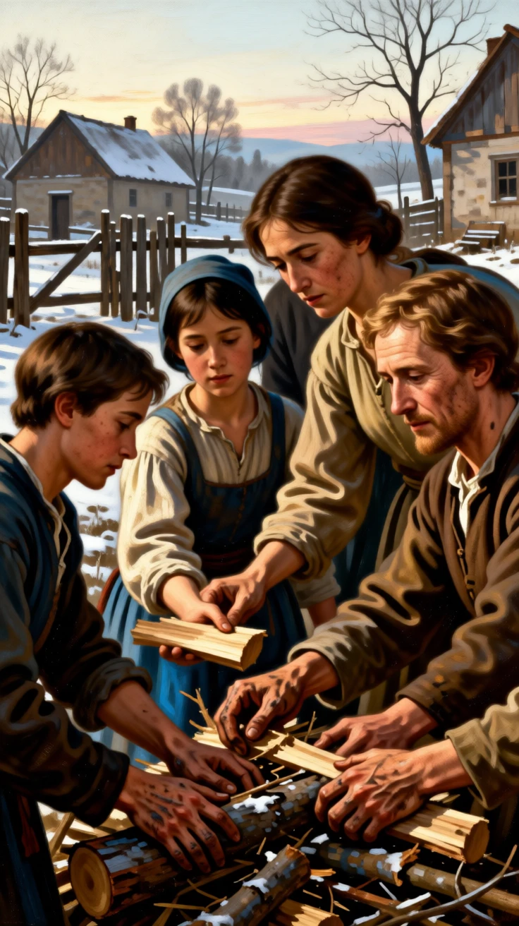 A family gathering firewood together before an early winter storm as ordinary labor takes on unexpected grace, set within a sunlit rural village at the start of a new day, with worn hands, simple clothing, and the honest textures of daily labor; a tight, intimate framing draws focus to hands and faces at work, capturing the timeless rhythm of rural and village life.