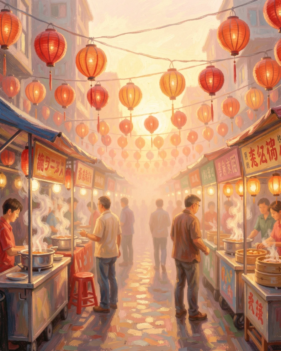 A lantern-lit night market in Taipei, steam rising from food stalls beneath strings of red lanterns, at golden sunrise, inspiring awe at the beauty of the scene.