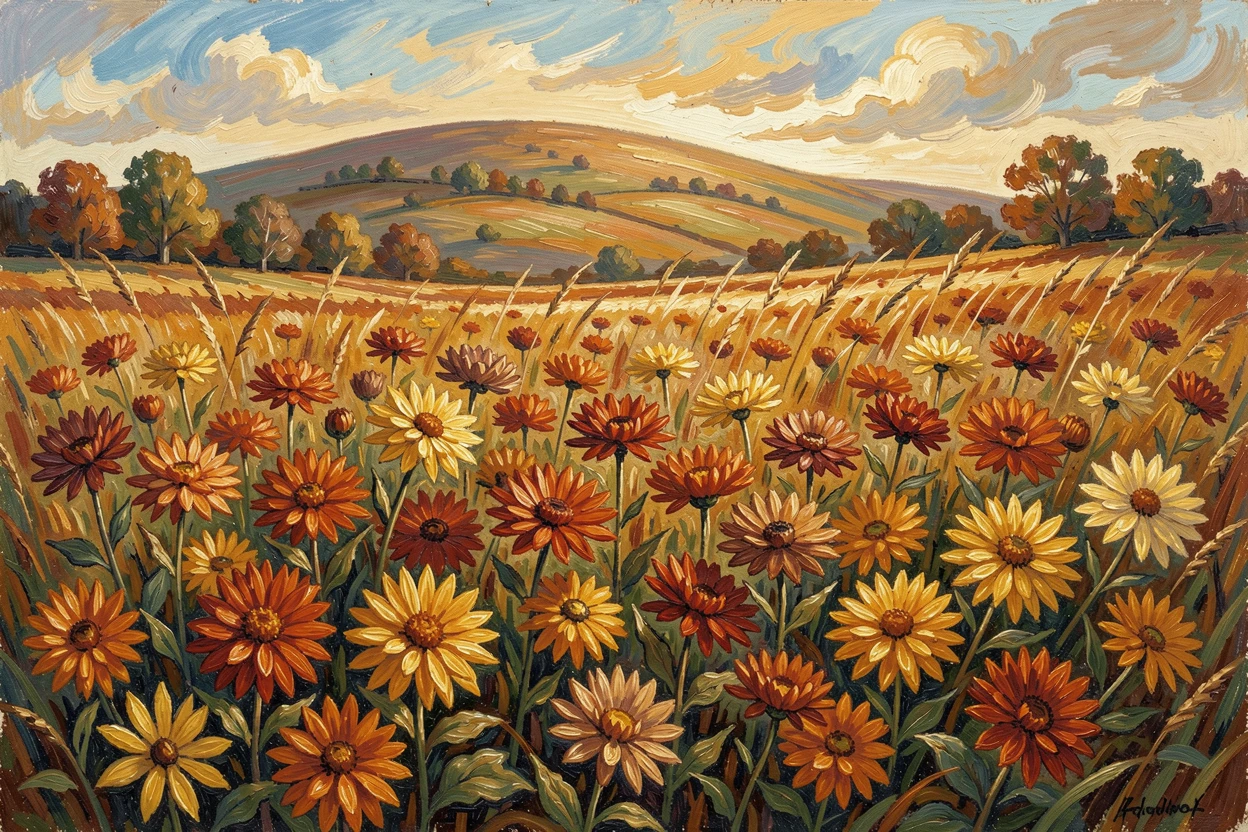 A field of wild chrysanthemums in autumn hues stretching toward a distant hill.