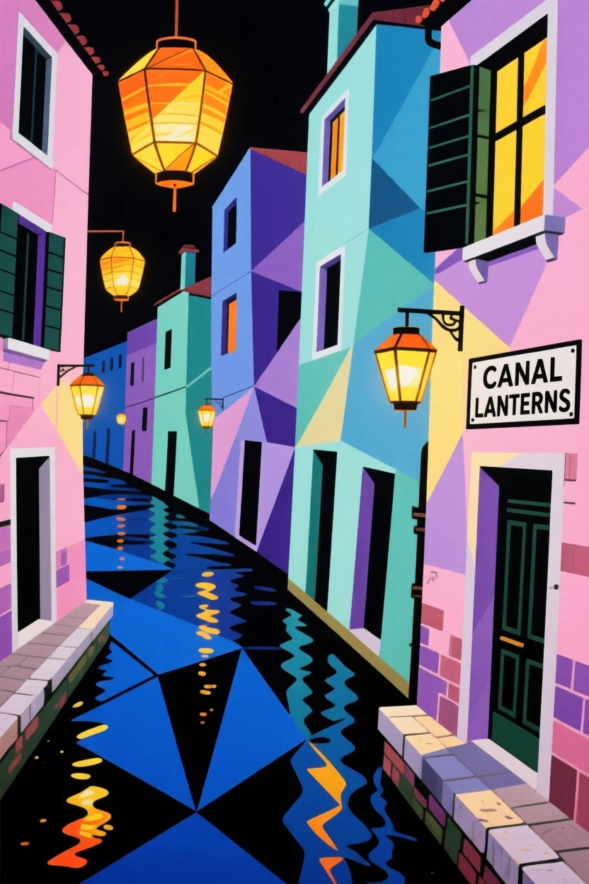 A vibrant scene of a lantern-lit canal street framed by pastel-colored buildings leaning close together.