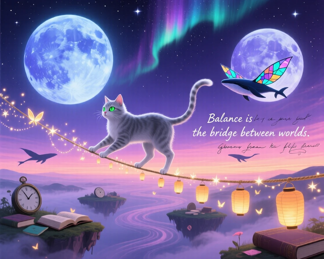 A cat balancing gracefully along a tightrope strung between two moons drifts silently beneath a sky painted in soft twilight colors, while tiny lights trail gently in its wake.