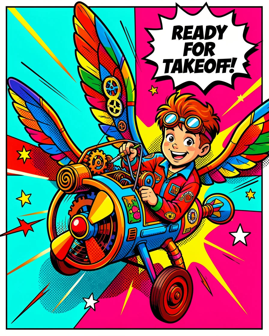 A young inventor tinkering with a whimsical flying machine