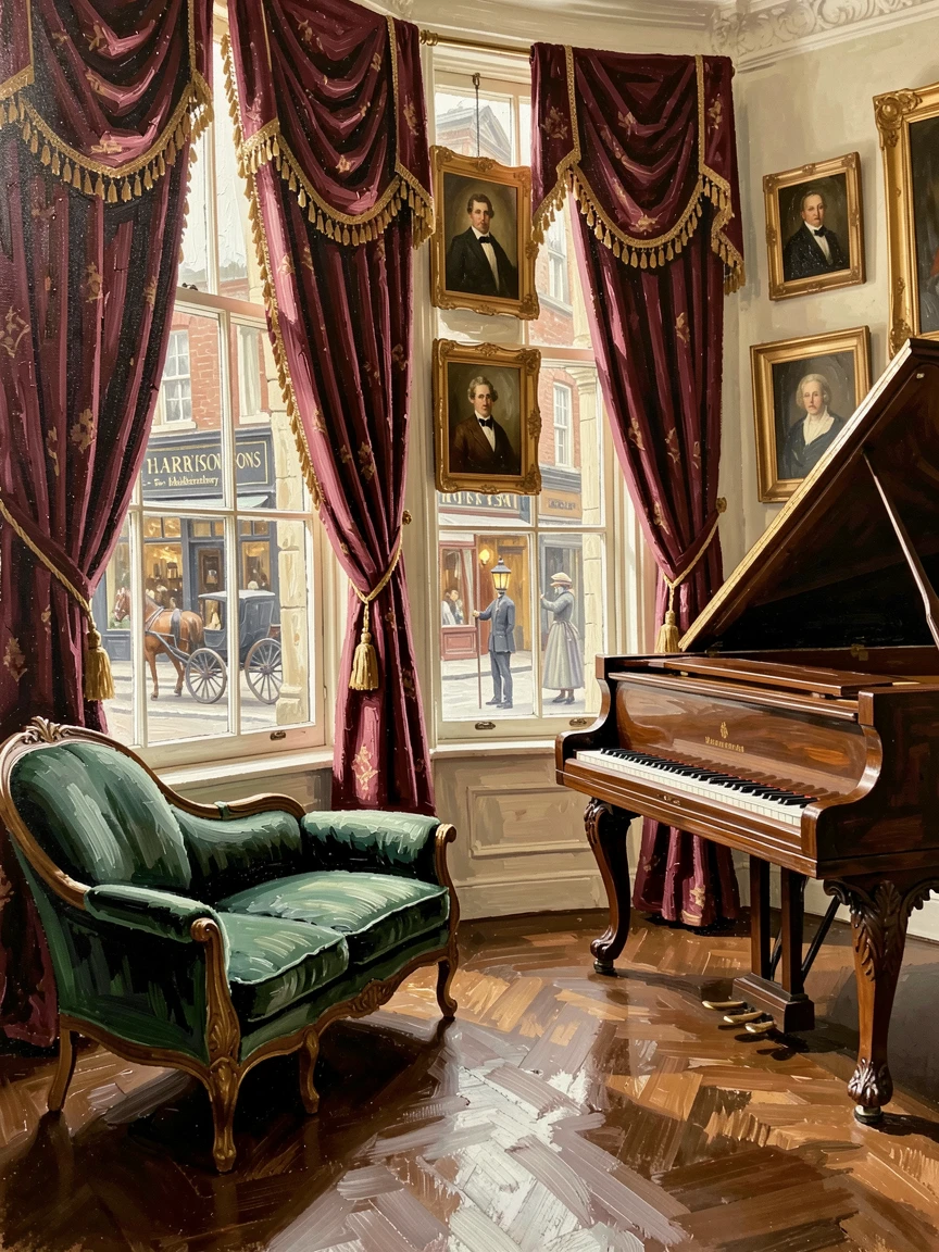 An elegant Victorian drawing room shows velvet furniture, an antique piano, and heavy drapes framing tall windows with soft afternoon light, local life visible in the background, adding a quiet sense of authenticity to the scene.