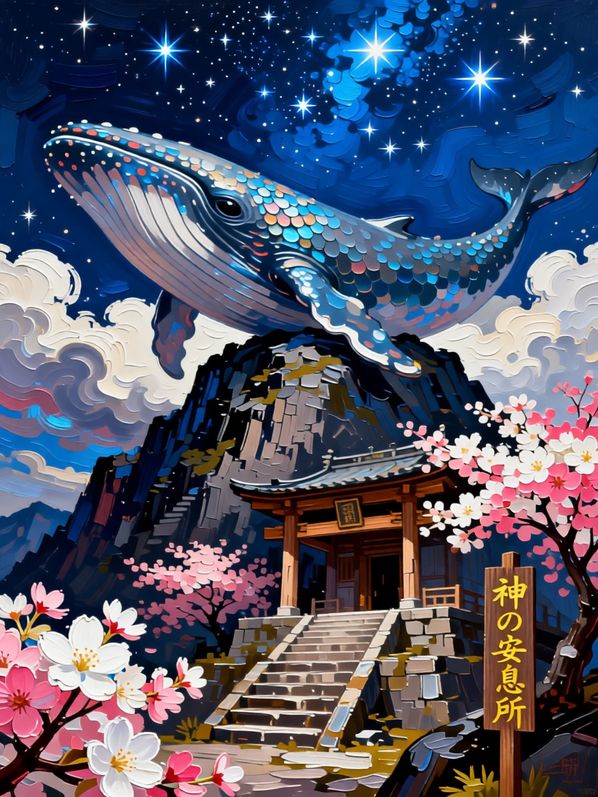 a leviathan whale gliding through starlit clouds resting atop a mountain shrine wrapped in cherry blossoms