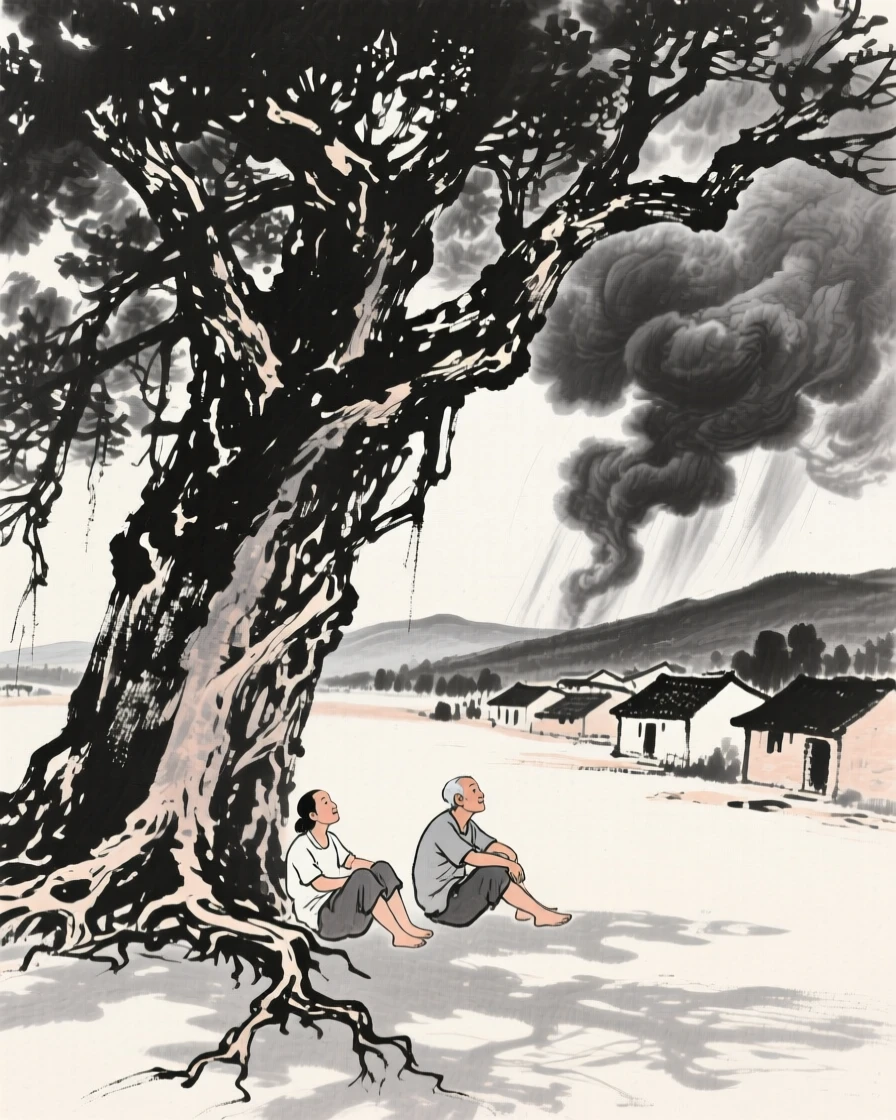 Villagers rest in the shade of a banyan tree during the midday heat, with dark clouds building over the distant ridgeline.