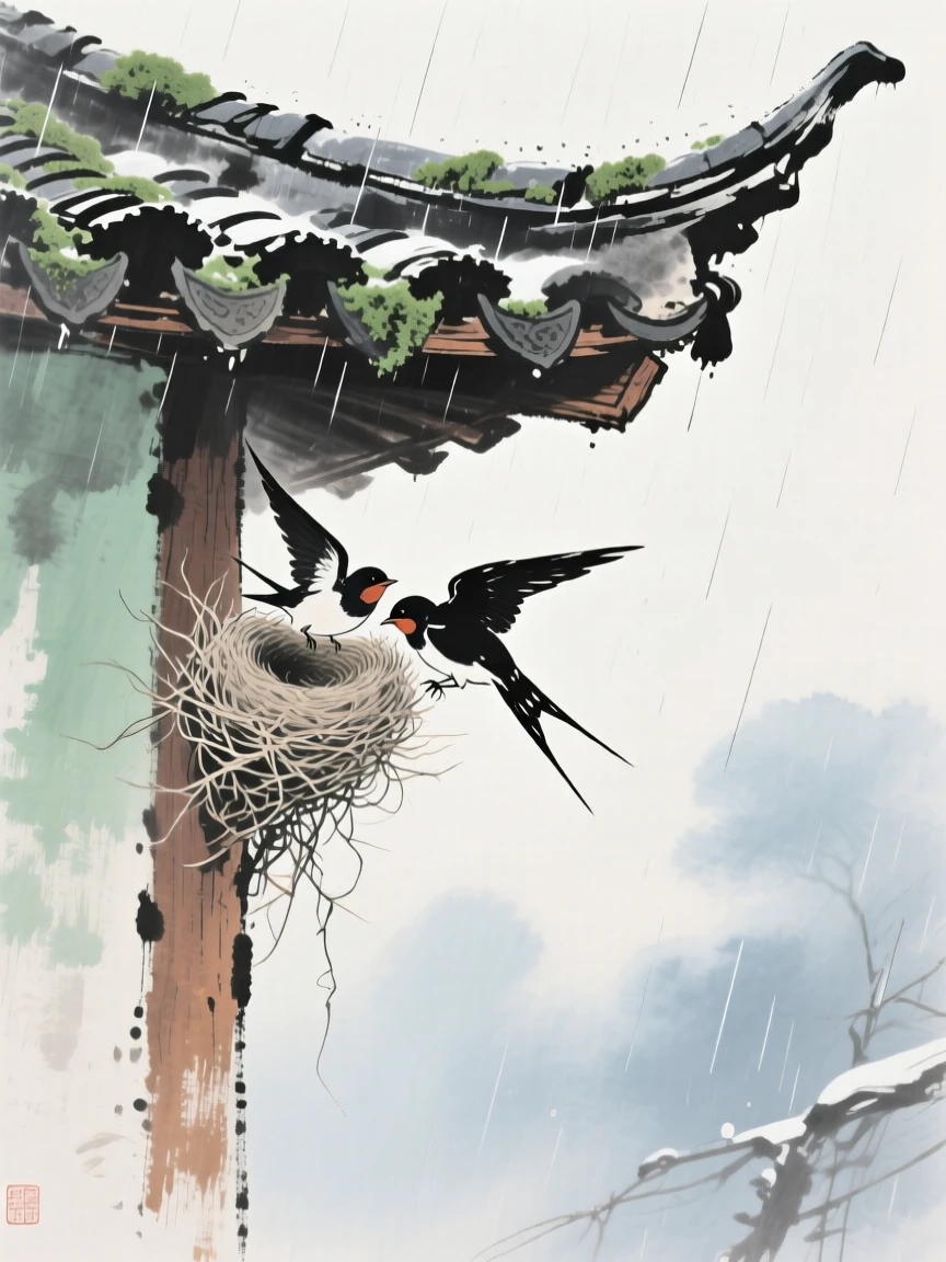 A pair of swallows building a nest beneath an eave, in the mild days of early winter, full of quiet reverence, just after a rain shower.