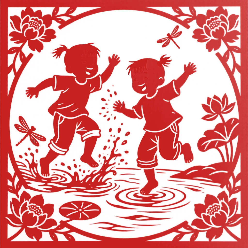 Kids splashing in a shallow stream on a hot summer afternoon, trousers rolled up to their knees