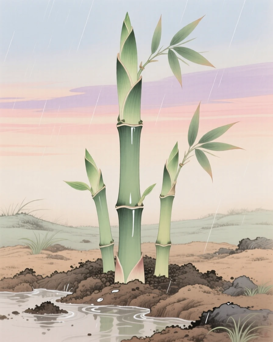 New green bamboo shoots pushing up through spring soil after rain, beneath a sky streaked with the colors of early morning