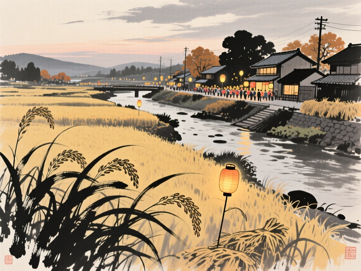 A harvest celebration in a golden autumn field in a small riverside town, composed with warm lantern light glowing against a cool evening, suggesting nostalgia and gentle celebration.