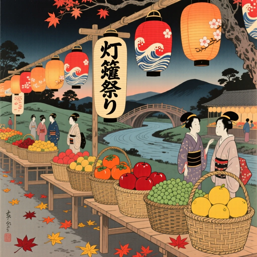 A lantern festival with baskets of fruit piled high on tables.