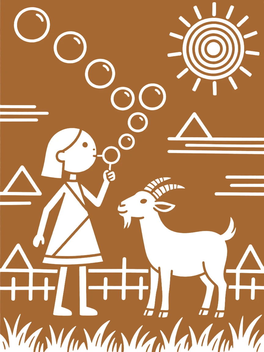 A girl and her pet goat blowing soap bubbles in the afternoon sun.