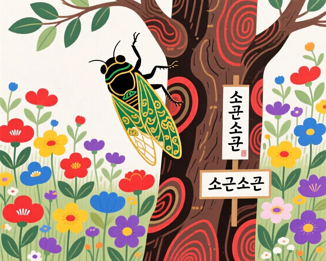 A cicada on a tree trunk fluttering through a field of wildflowers.