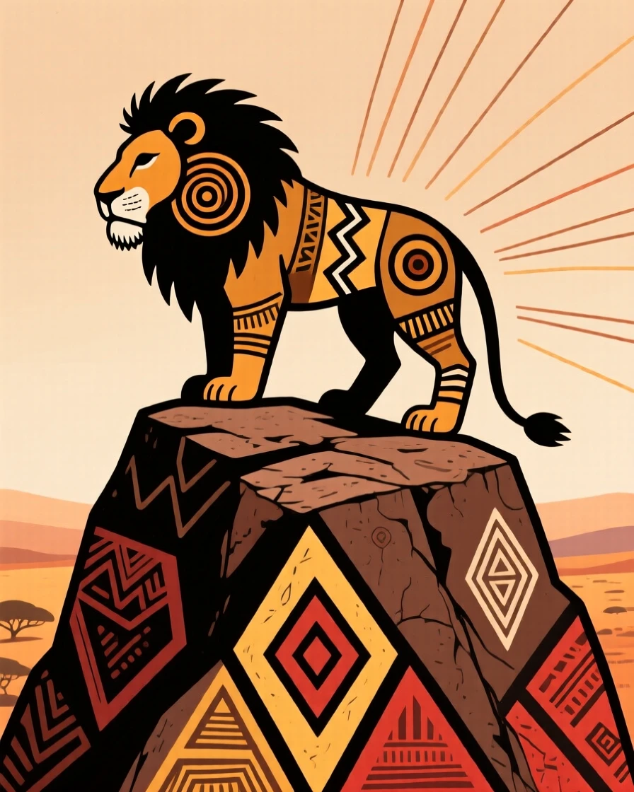 A solitary lion surveying its territory from a rocky kopje.