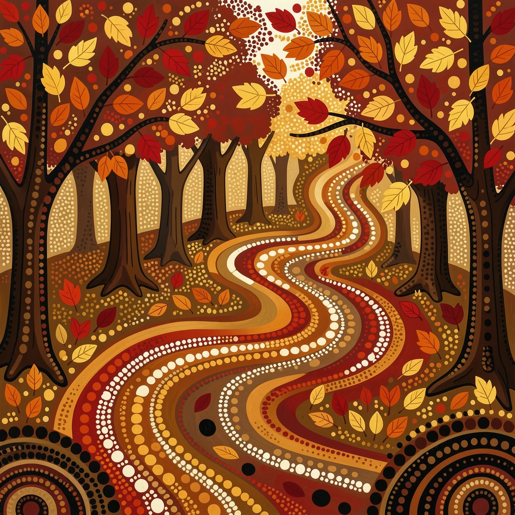 Autumn leaves swirling through a quiet forest path