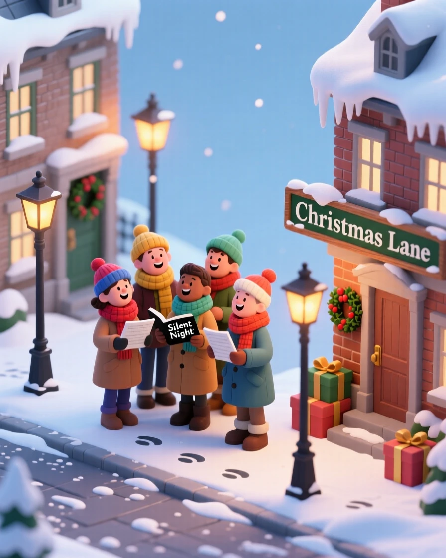A Christmas caroling scene on a snowy street, a group bundled in scarves singing beneath softly glowing streetlamps.
