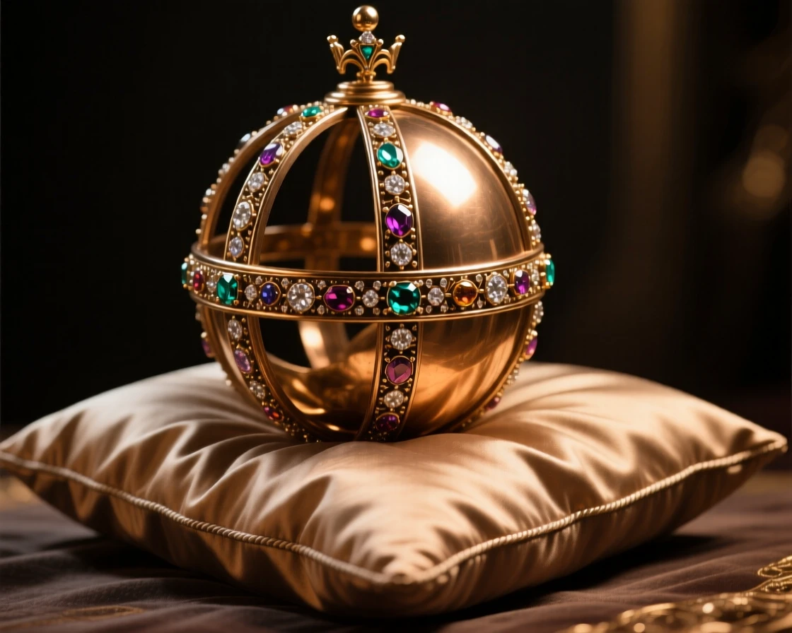 A jeweled royal orb resting on a silk pillow, catching the light with rich, warm reflections, radiating elegance and refinement
