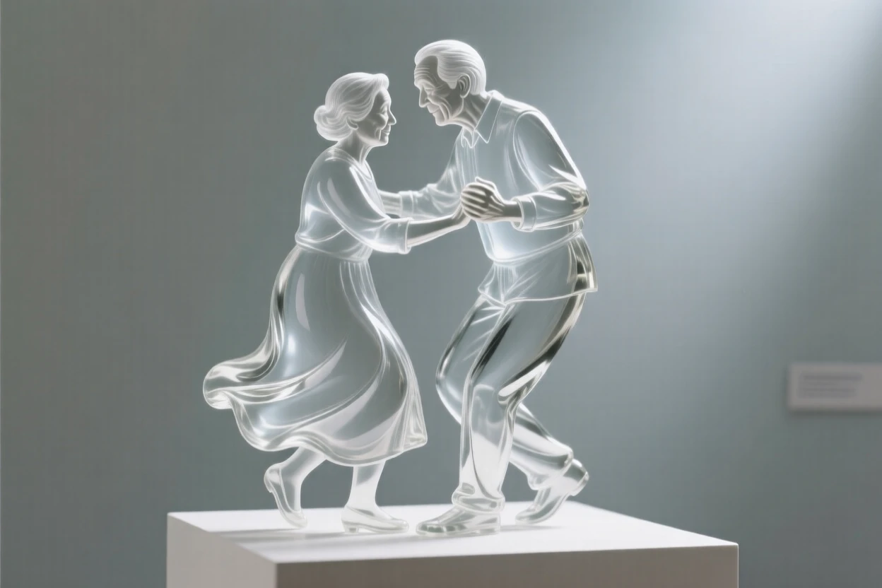 An elderly couple dancing slowly together in their living room with distant music drifting faintly through the air