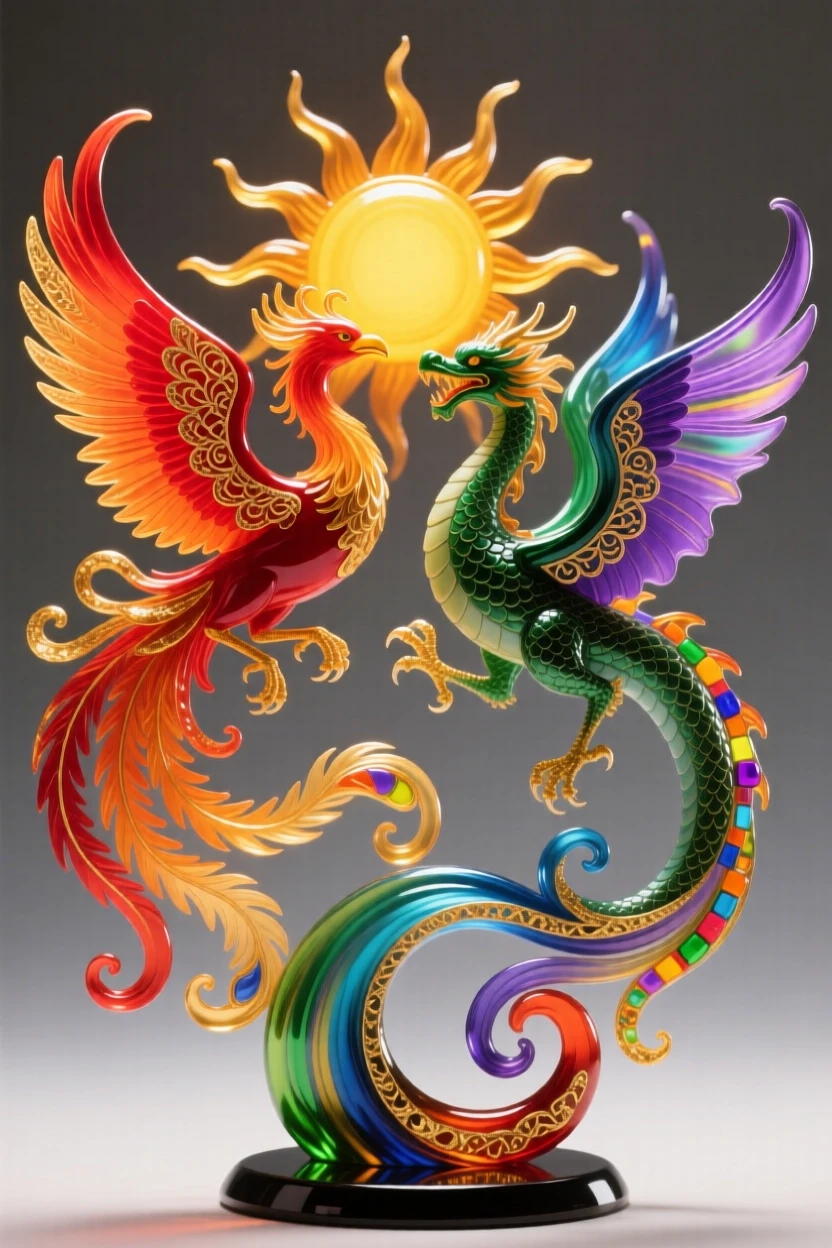 A phoenix and a dragon locked in graceful flight around a rising sun, legendary and dynamic.