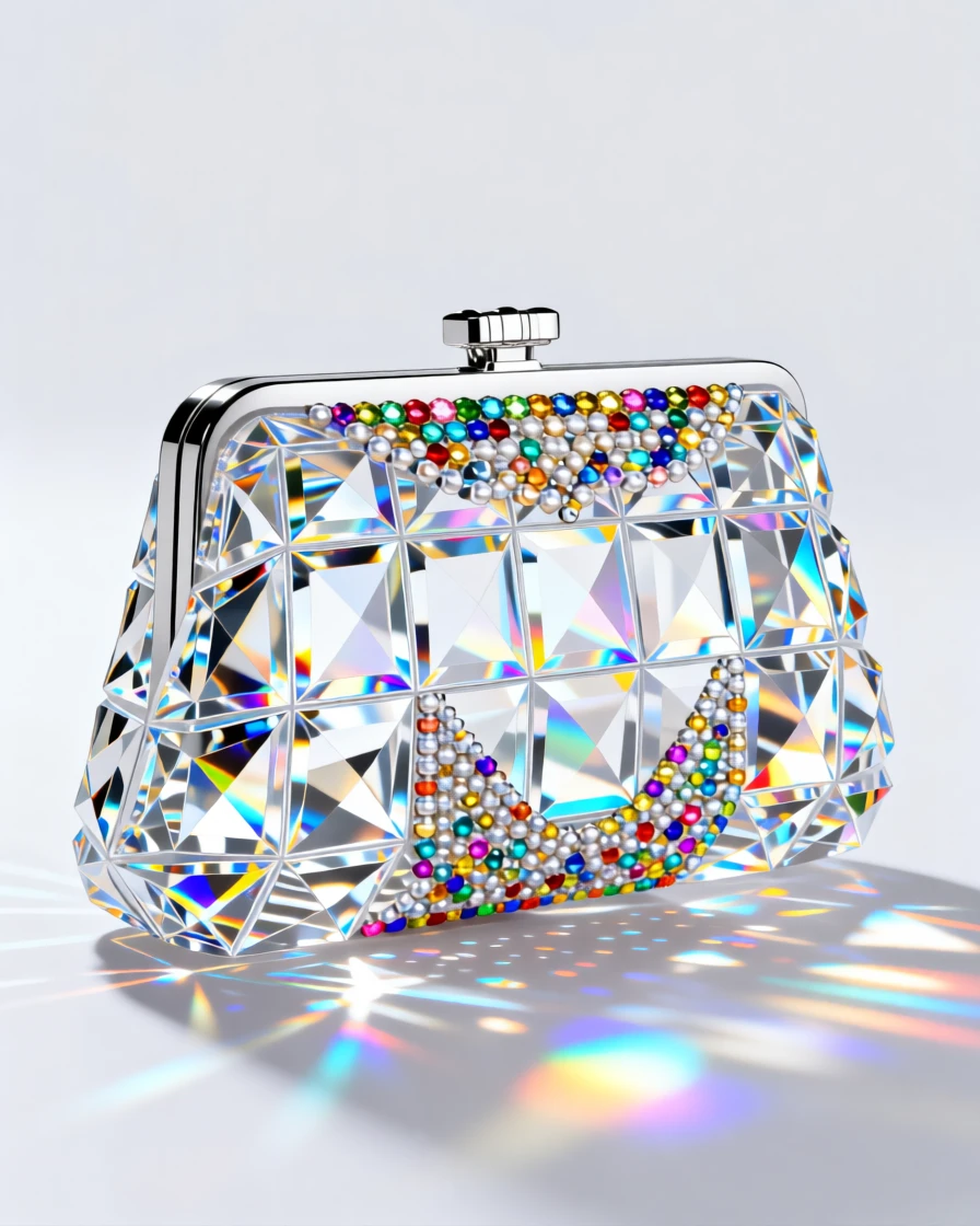 A designer evening clutch with intricate beadwork catching studio light.