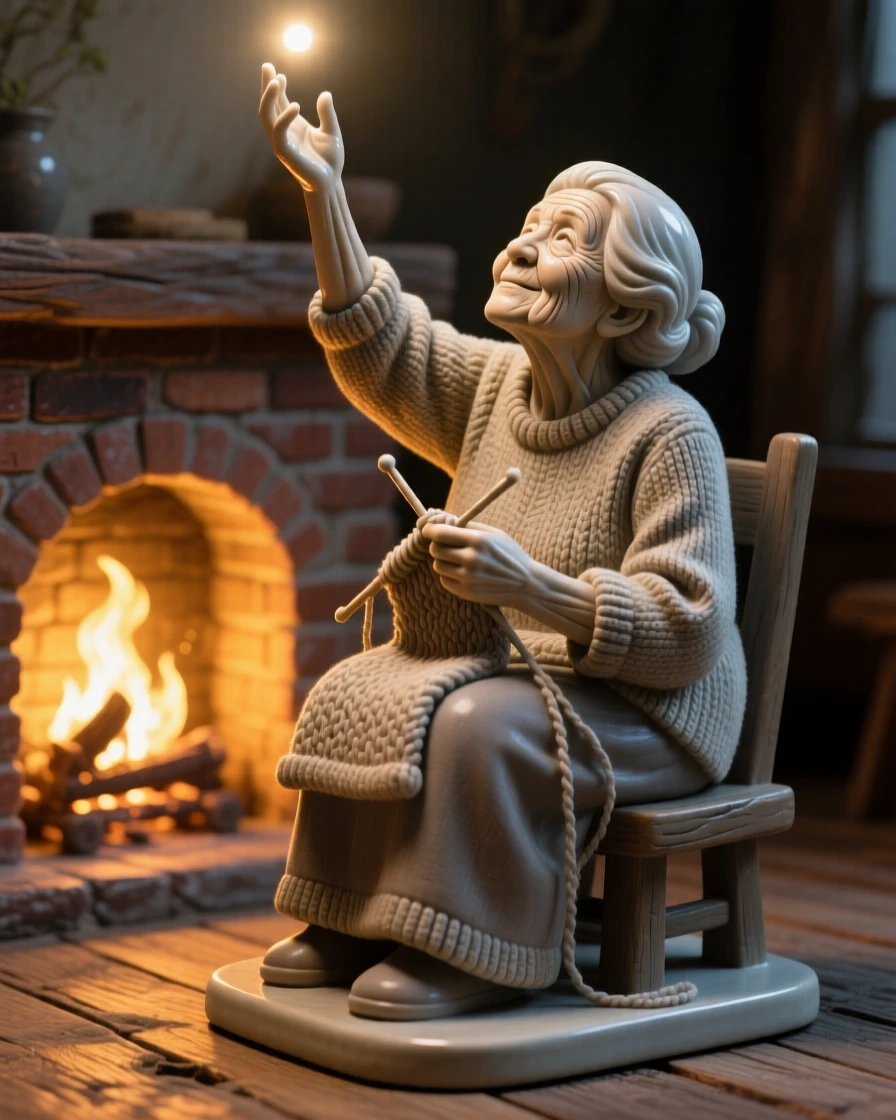 A grandmother knitting by a warm hearth reaching upward as if toward the light, illuminated by a warm, golden glow, radiating grace, strength, and inner peace.