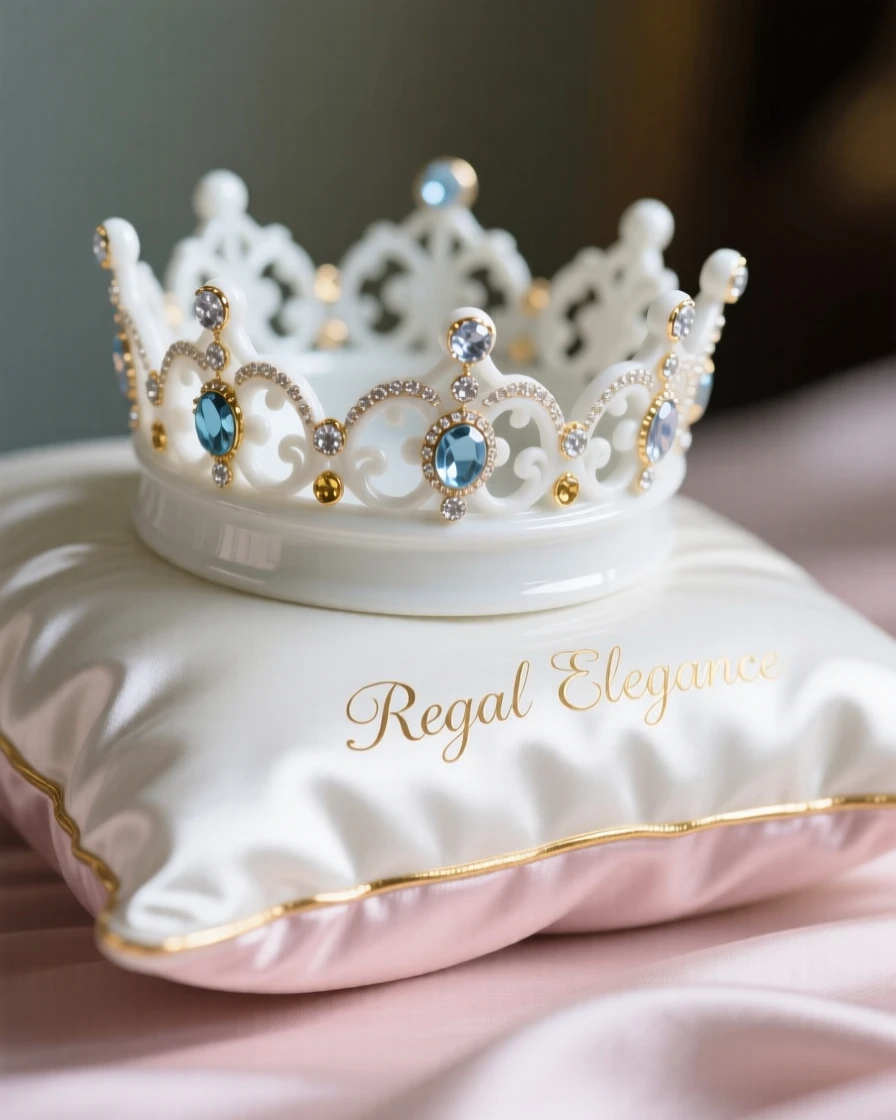 An elegant jeweled crown resting on a satin pillow, exquisitely detailed and finely crafted.