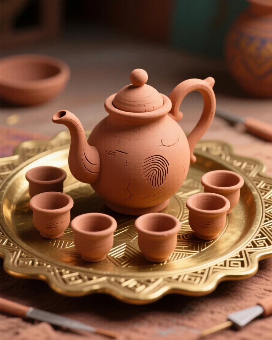 A traditional Moroccan tea set arranged on an ornate brass tray