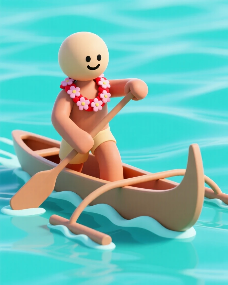 A proud Native Hawaiian canoe paddler races across turquoise water, outrigger cutting through gentle waves.