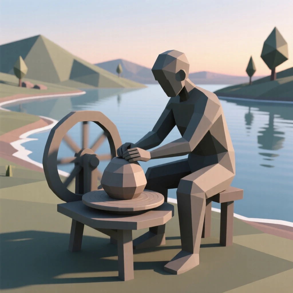 A potter shaping clay on a spinning wheel, beside a tranquil lake at dawn. natural light enhances the vibrant colors of the scene. The atmosphere feels peaceful and mindful.