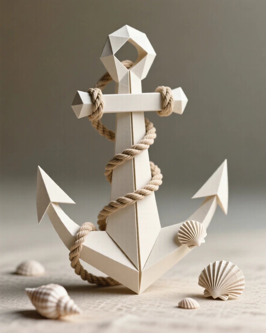 A decorative anchor design wrapped in rope and small seashell details.