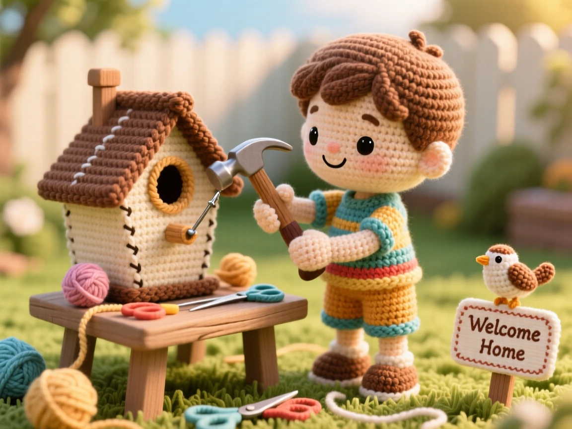 a small boy building a birdhouse, with tiny tools and careful hands, is captured hammering the final nail into place in a sunny backyard on a warm afternoon beside a scattering of craft supplies on the table, showing patient concentration and creative satisfaction.