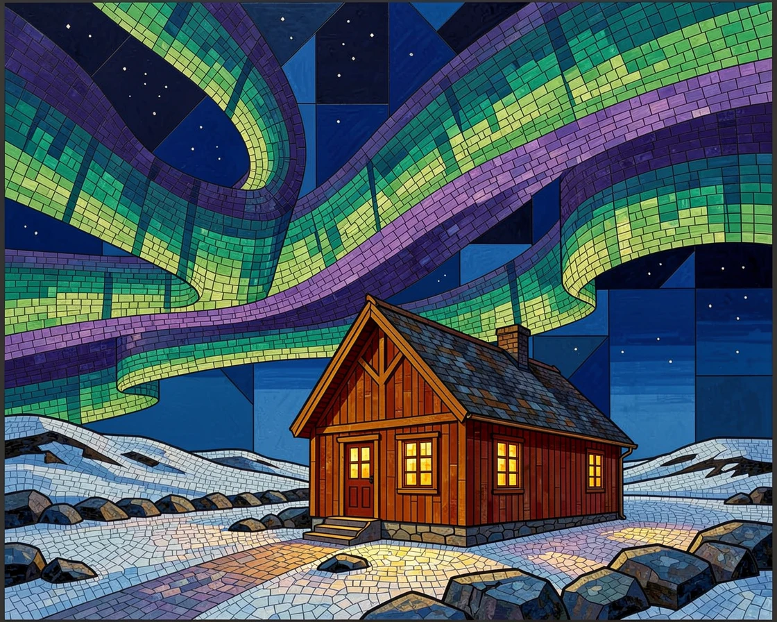 A breathtaking wide-angle view of the Northern Lights dancing above a traditional Icelandic cabin, with rich warm lighting and fine architectural detail.