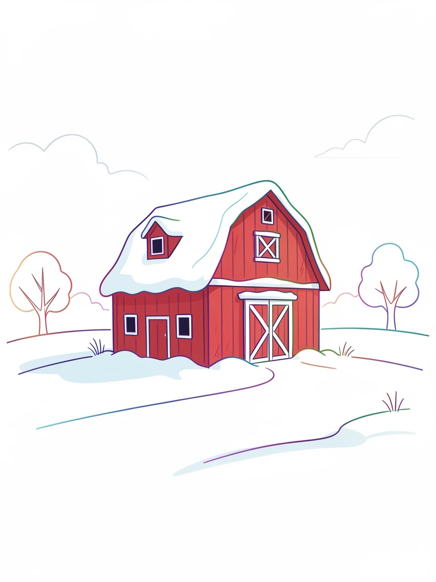 A snow-dusted red barn standing alone in a quiet winter field.