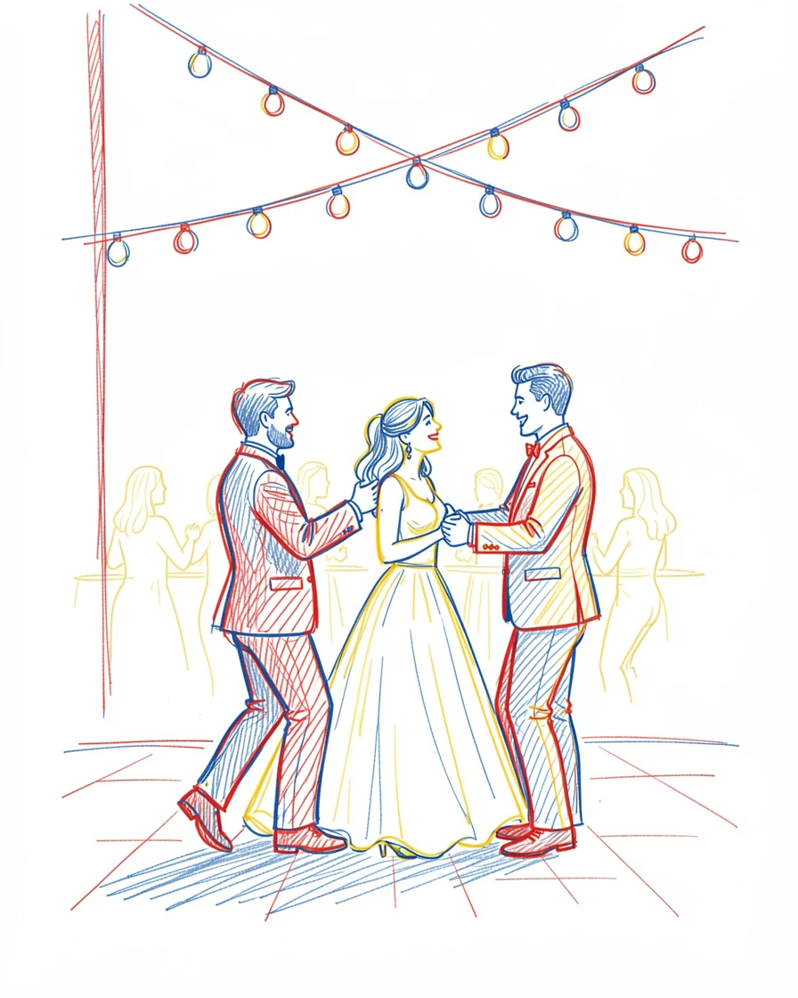 A wedding reception with dancing couples beneath strings of fairy lights