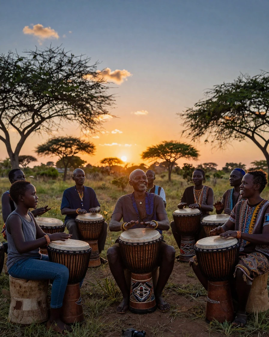 A traditional African drum circle at sunset