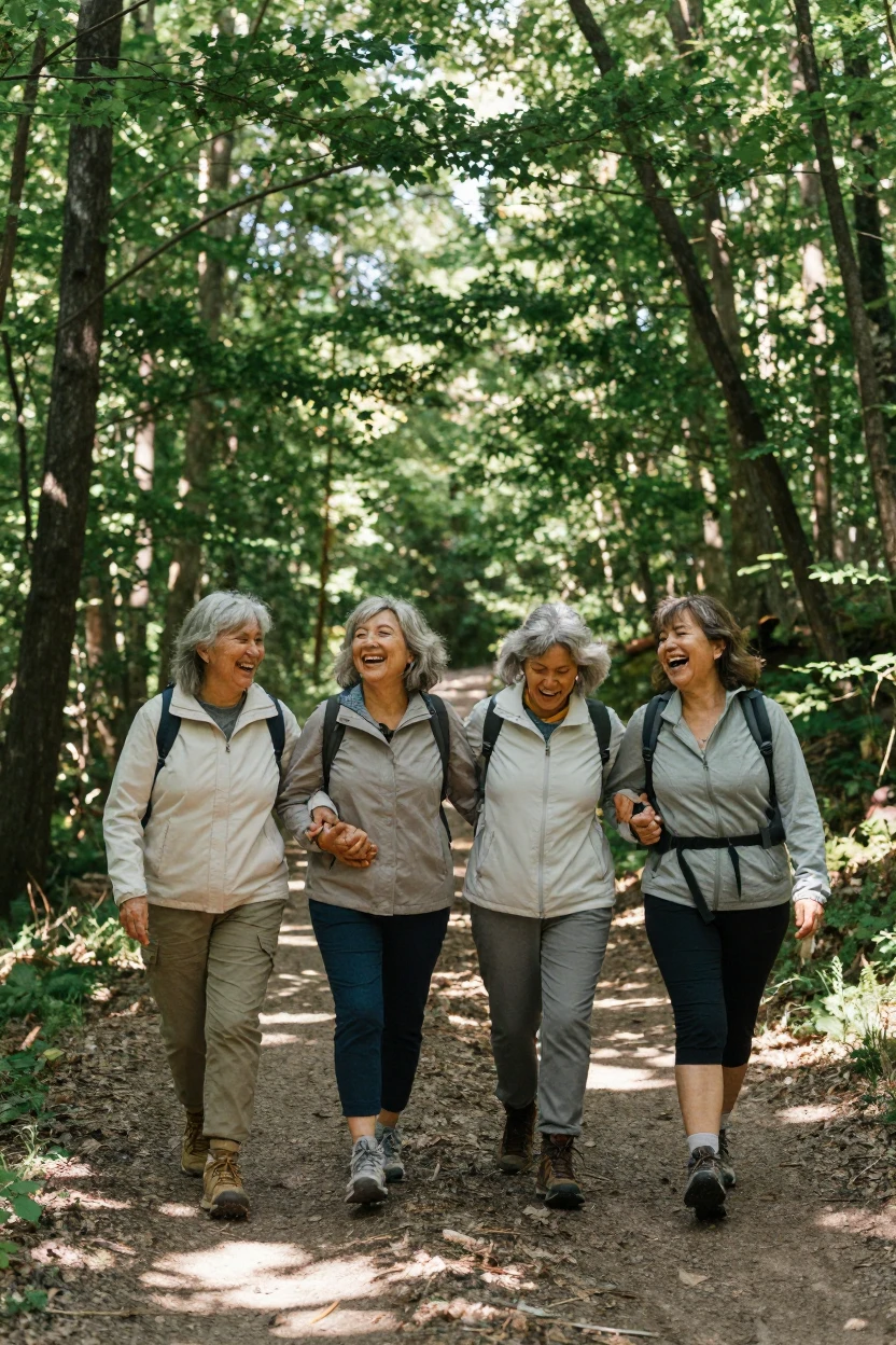 A group of women in their sixties link arms and burst into laughter on a hiking trail.