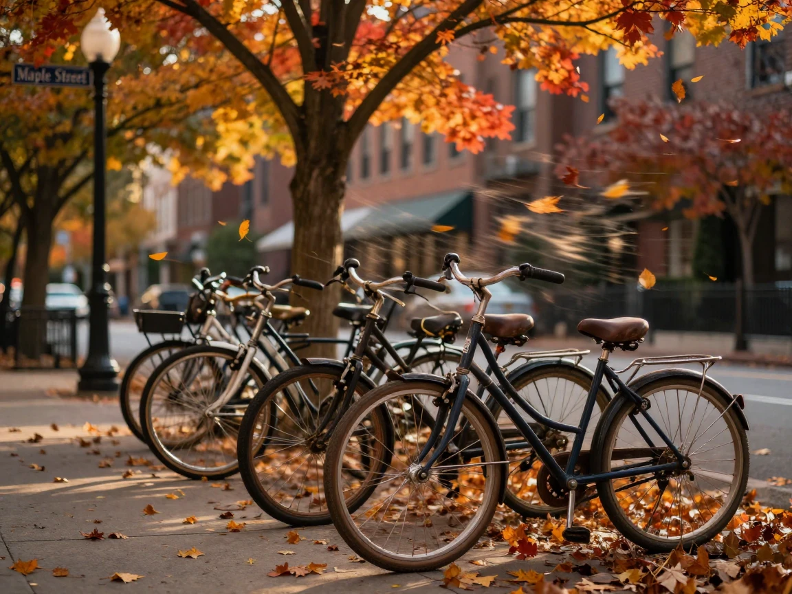 A row of parked bicycles, swept by strong autumn winds, quiet and still