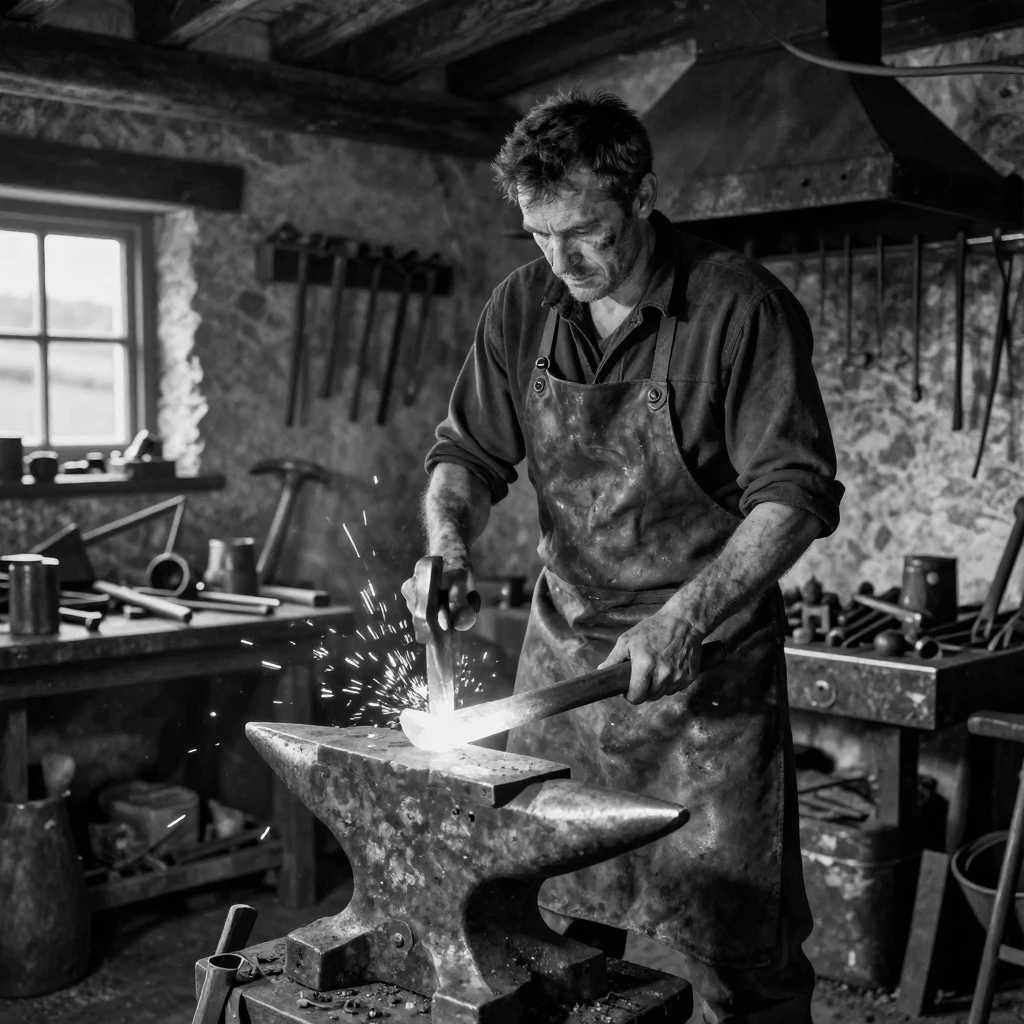 A blacksmith hammers glowing metal on an anvil inside a rustic countryside forge.