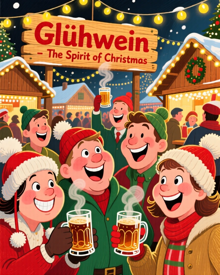 A group celebrating a Bavarian Christmas market, mulled wine and twinkling lights everywhere.