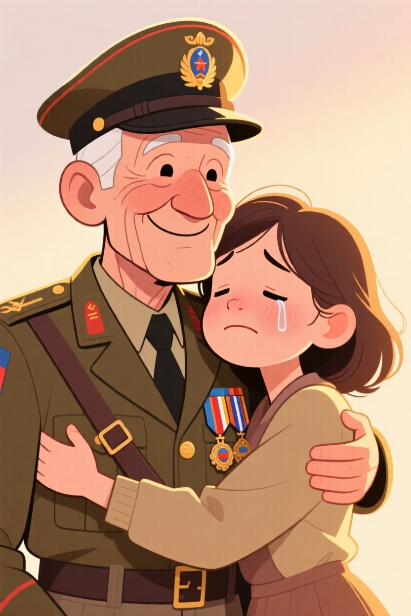 A heartwarming moment depicting an elderly veteran comforting a loved one with a warm hug, as warm light glows softly around them.
