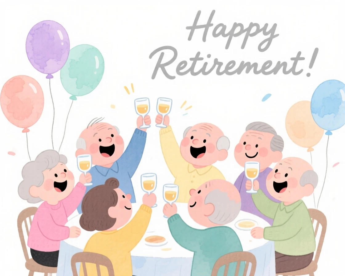 A joyful celebration scene of a retirement party with balloons and a celebratory toast, sparkling with celebratory energy