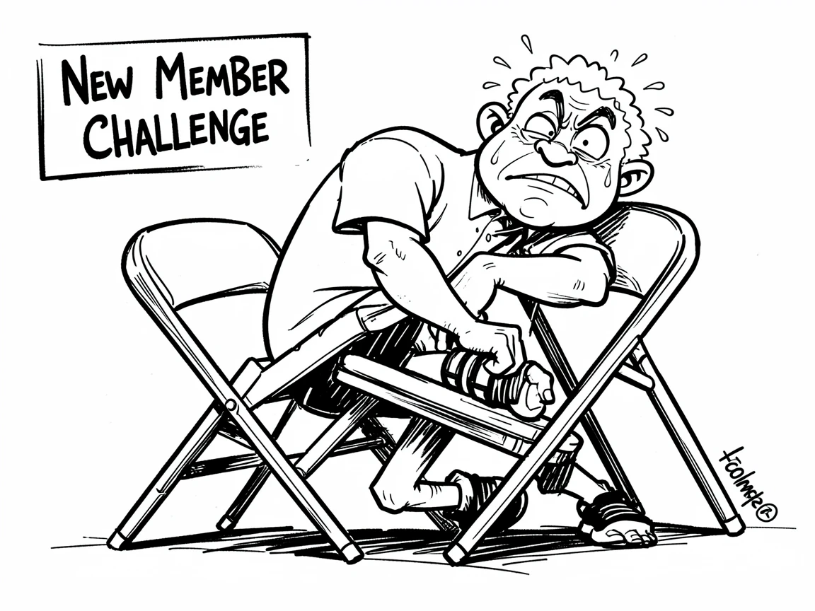 [Funny & Exaggerated Situations] Comical scene of a sheepish new gym member wrestling with an uncooperative folding chair, exaggerated for maximum laughs