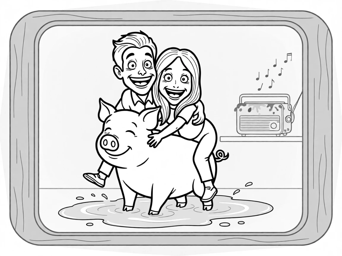A couple piggybacking through a rain puddle, pulling ridiculous faces for the camera, set inside a cozy photo booth. A paint-stained radio plays faintly in the background. The image glows with easy, unforced affection.