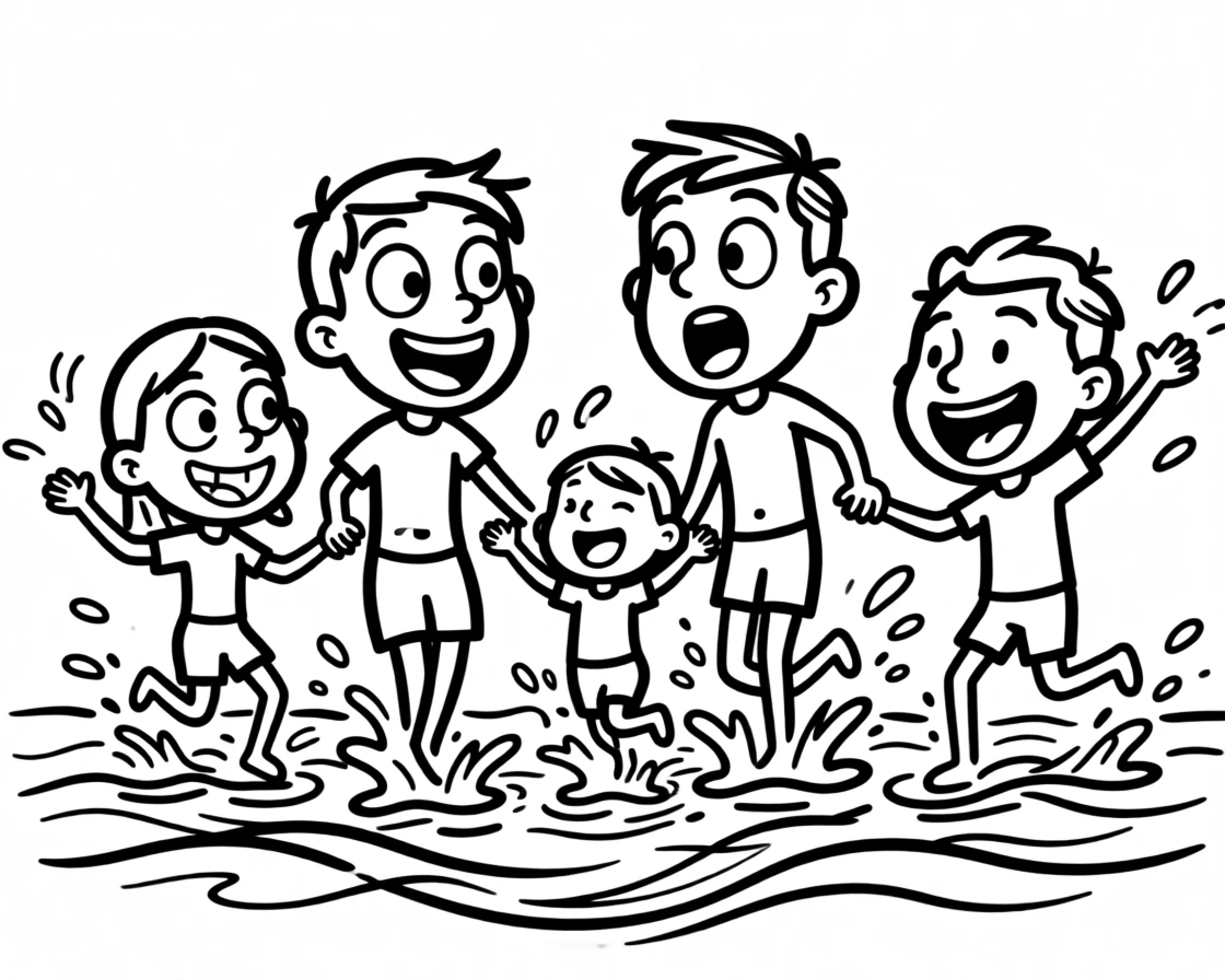 A family splashing each other playfully in shallow ocean waves.
