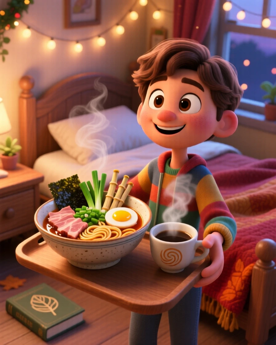A bowl of steaming ramen with soft-boiled egg sits on a tray carried to a cozy bedroom, next to a steaming cup of coffee. The mood is festive and appetizing.